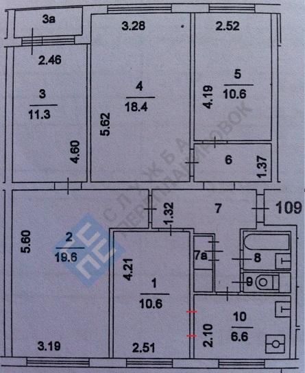 План БТИ пятикомнатной квартиры серии 1605АМ/12 с размерами