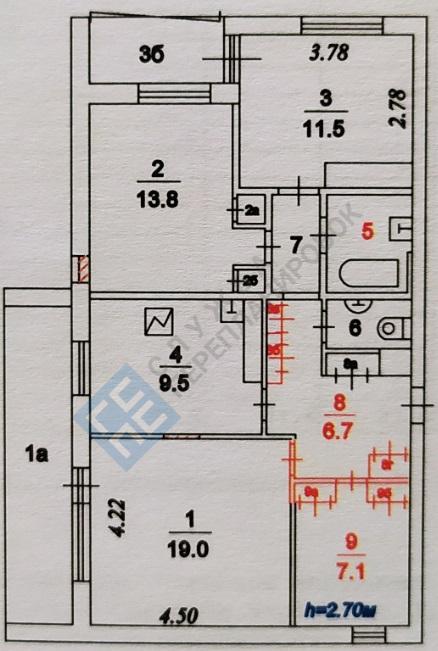 План четырехкомнатной квартиры серии дома ЭЖРЧС с размерами (с красными линиями)