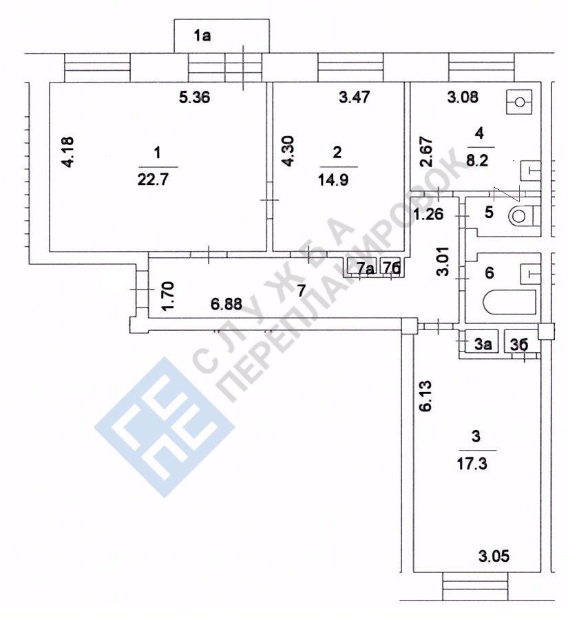 План БТИ трехкомнатной квартиры серии дома II-08