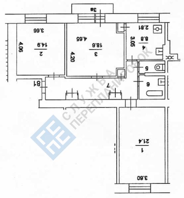 План БТИ трехкомнатной квартиры серии дома II-08 с размерами