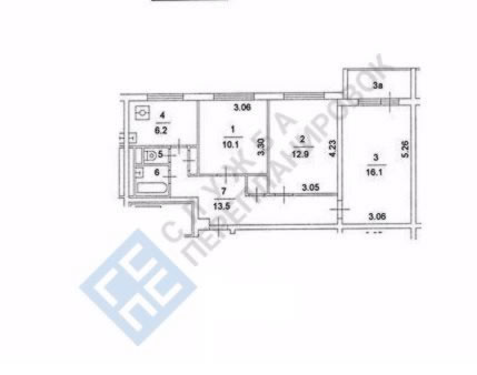 План БТИ трехкомнатной квартиры серии II-57