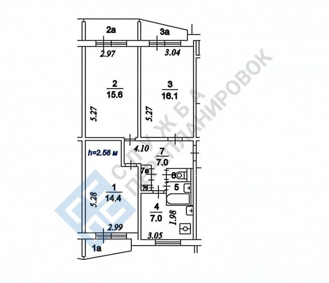 План БТИ трехкомнатной квартиры серии II-57 с размерами
