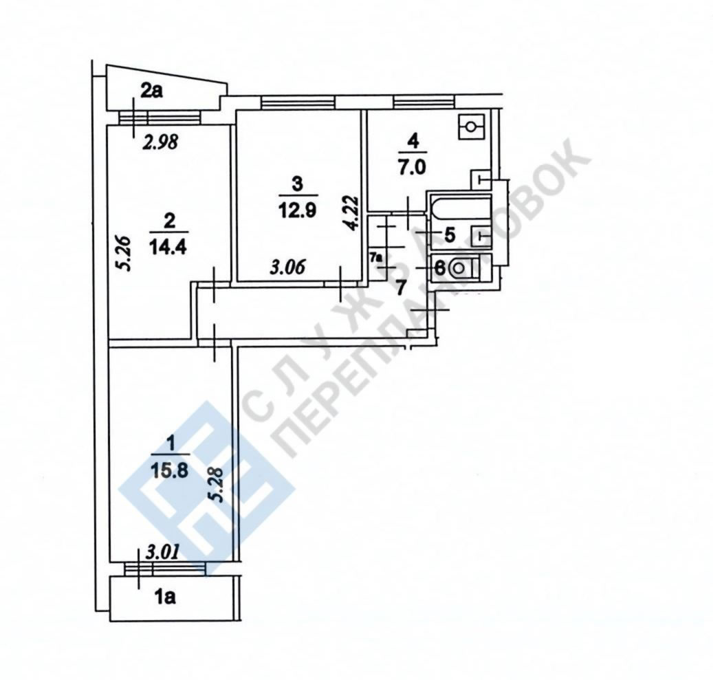 План БТИ трехкомнатной квартиры серии II-57 с размерами