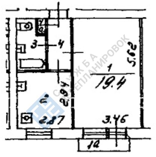 БТИ 1 комнатной квартиры серии II-14 с размерами