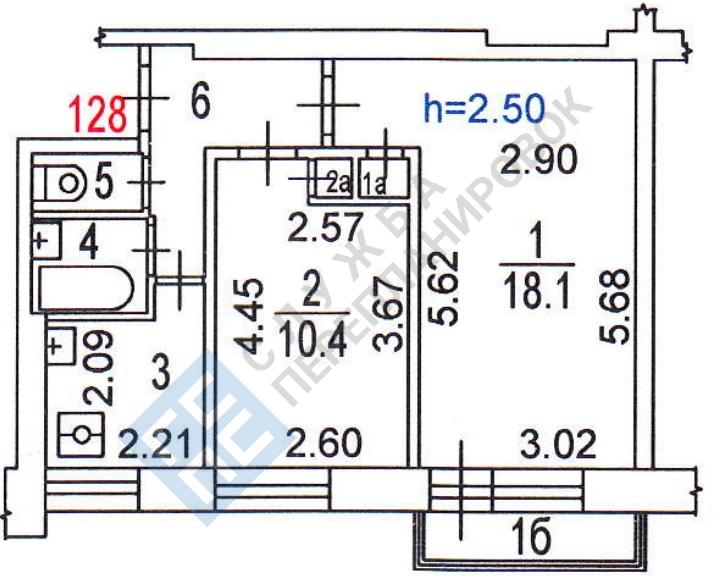 План БТИ двухкомнатной квартиры серии дома II-29 с размерами