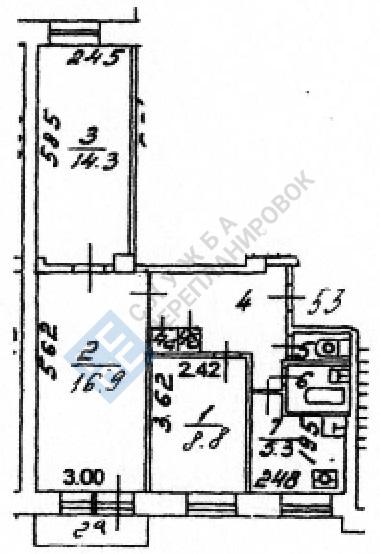 План БТИ трехкомнатной квартиры серии II-29