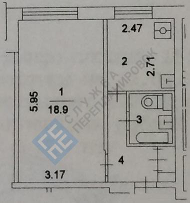 План БТИ однокомнатной квартиры в серии II-49 с размерами