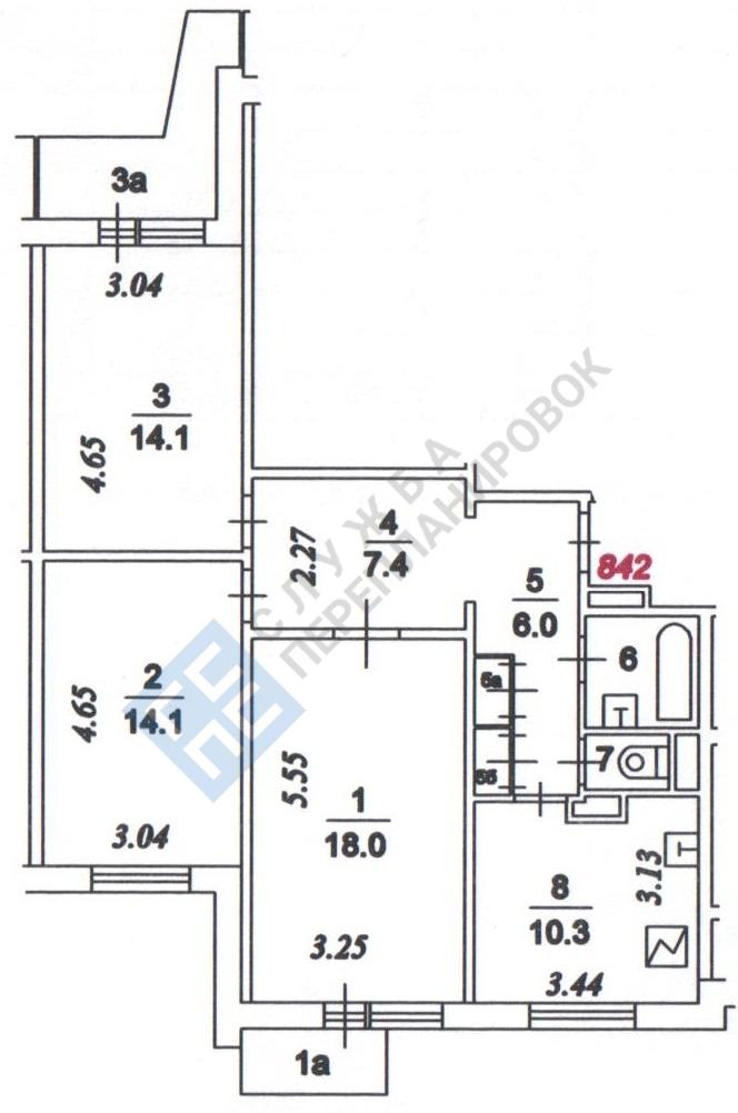 План БТИ трехкомнатной квартиры серии П3 с размерами