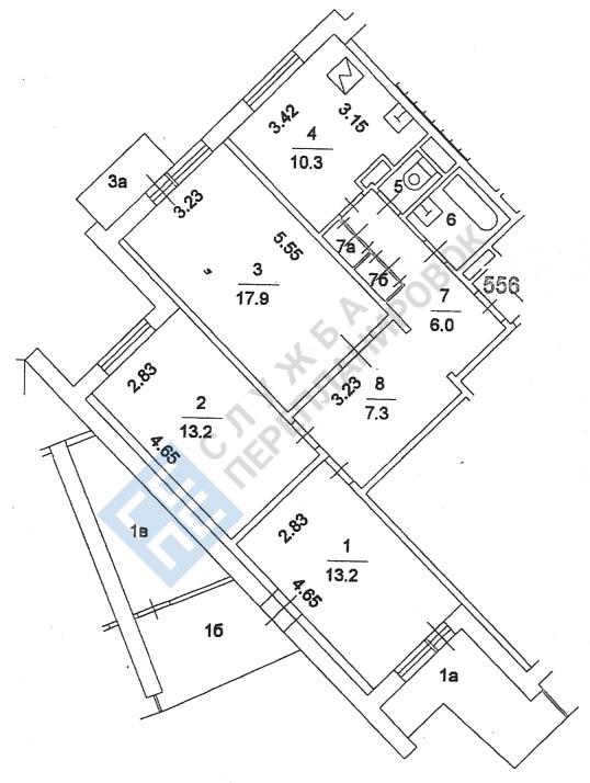 План БТИ трехкомнатной квартиры серии П3 с размерами, поворотная секция