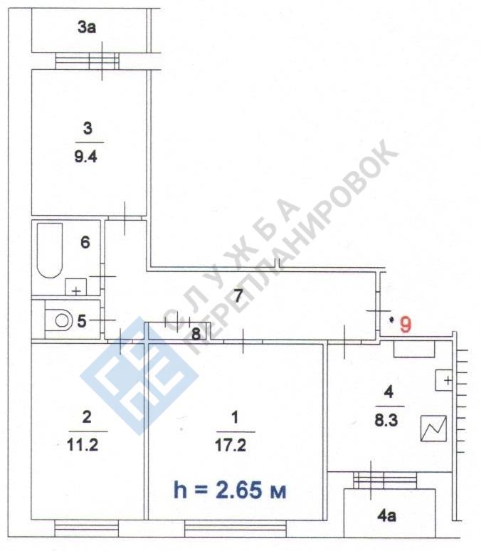 План БТИ трехкомнатной квартиры серии П30