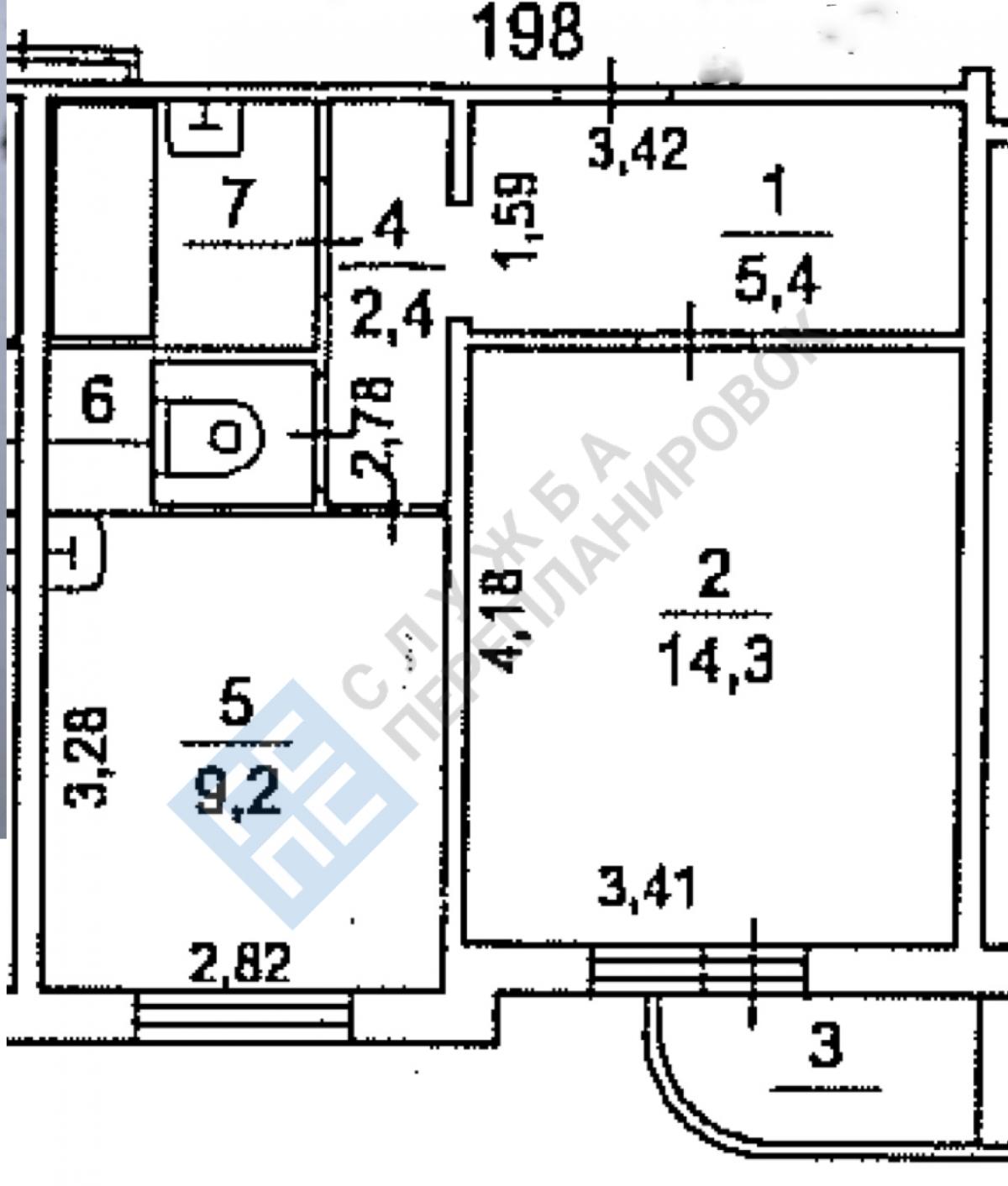 План БТИ однокомнатной квартиры серии дома П3М с размерами