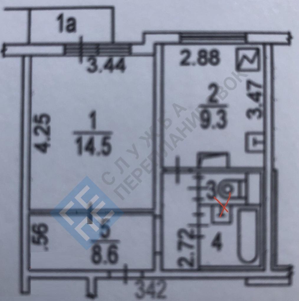 План БТИ однокомнатной квартиры серии дома П3М с размерами