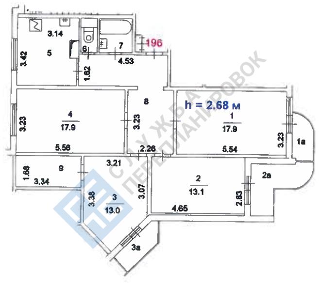 План БТИ четырехкомнатной квартиры серии дома П3М с размерами