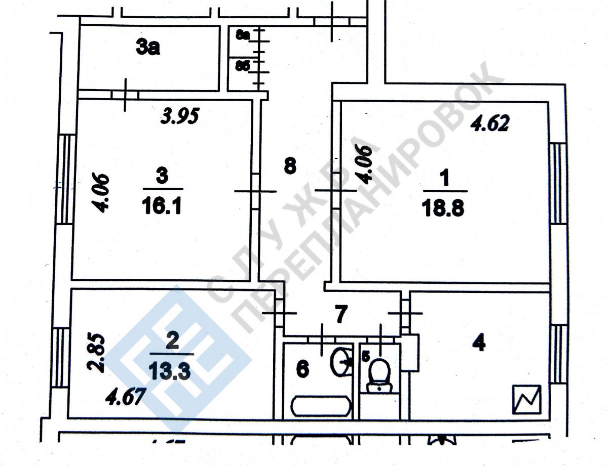 План БТИ трехкомнатной квартиры серии дома П55