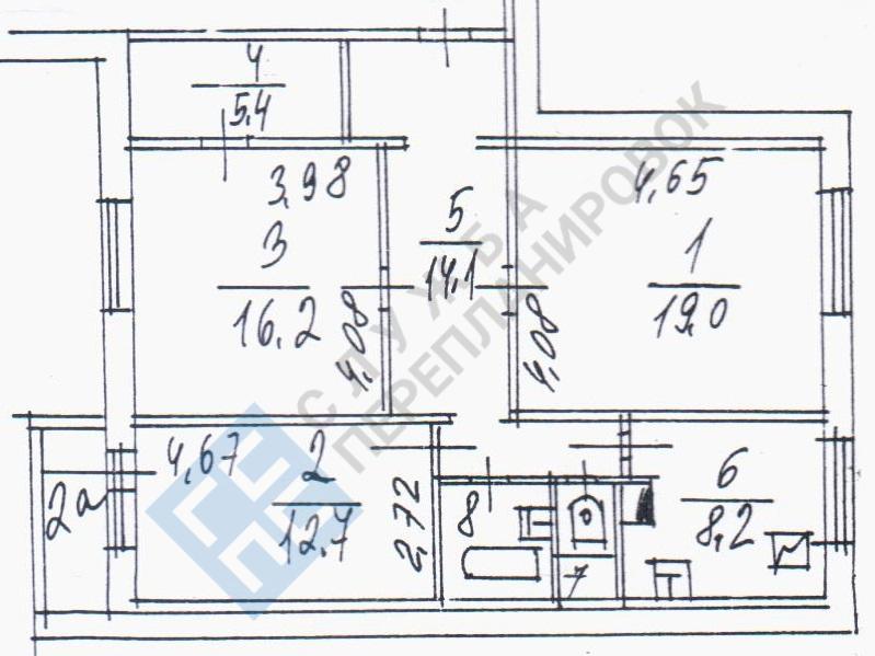 План БТИ трехкомнатной квартиры серии дома П55