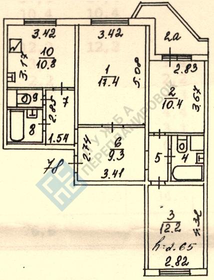План БТИ трехкомнатной квартиры в серии ПД4 с размерами