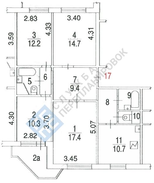 План БТИ четырехкомнатной квартиры в серии ПД4 с размерами