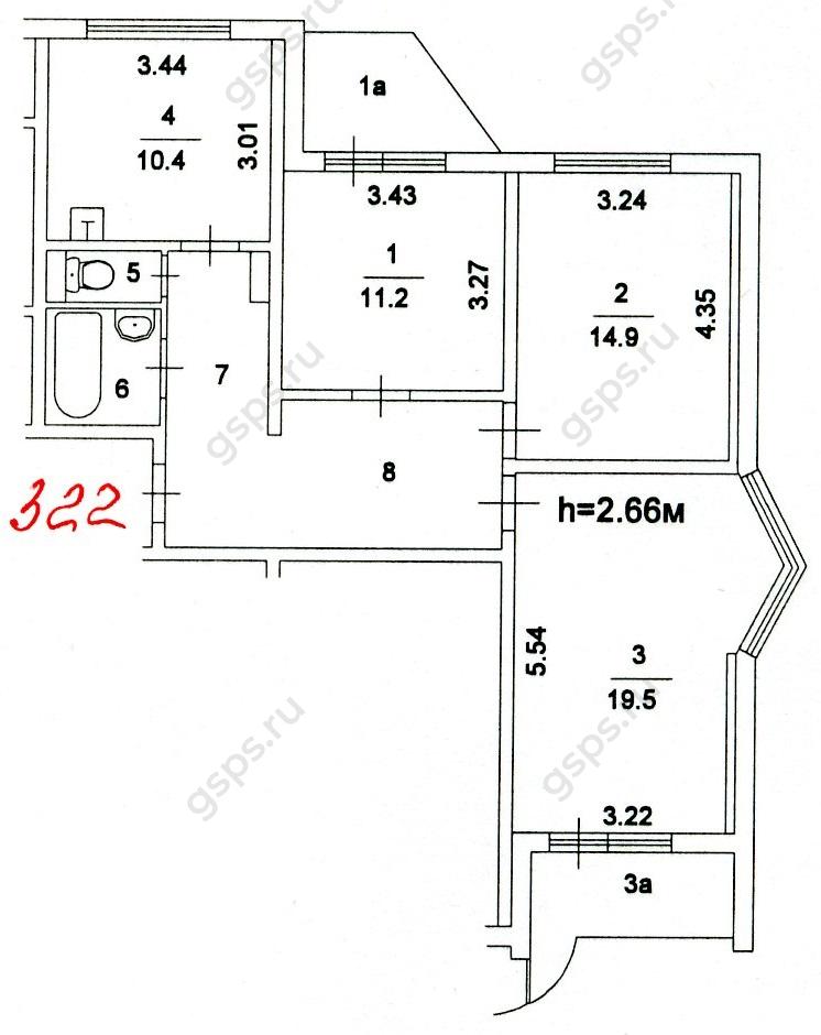 План БТИ трехкомнатной квартиры П44Т с эркером