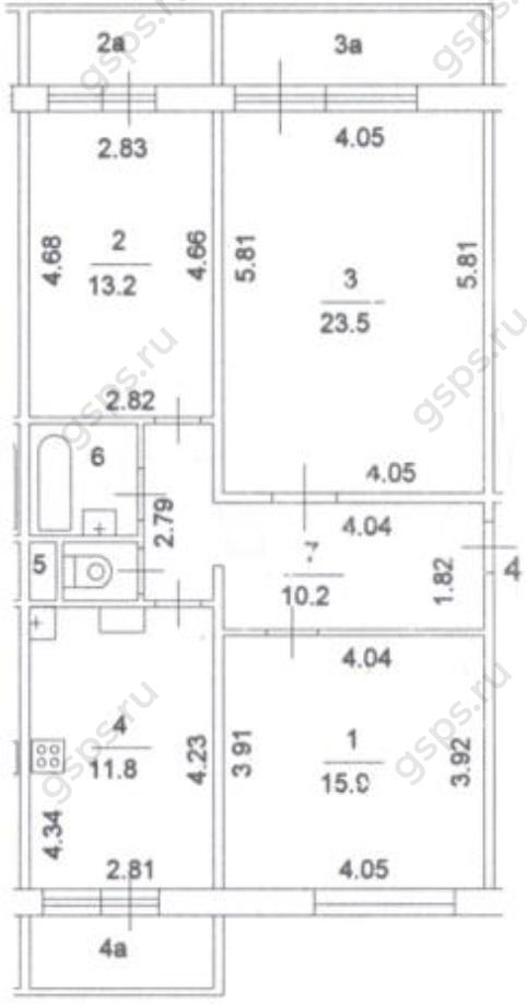 План БТИ трехкомнатной квартиры серии П44Т