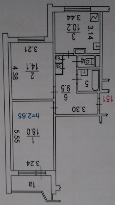 План БТИ двухкомнатной квартиры серии П44