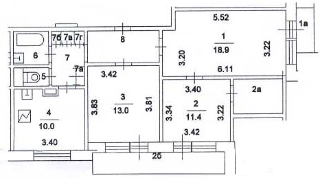 План БТИ 3-х комнатной квартиры серии П22К