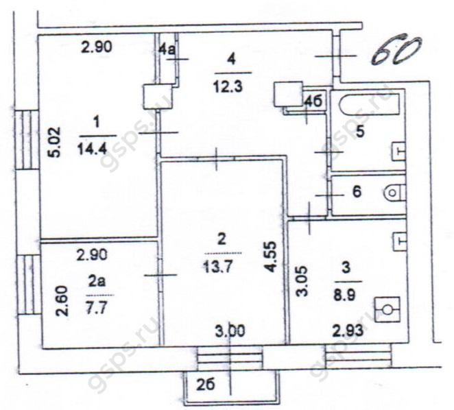План БТИ трехкомнатной квартиры серии 1-410