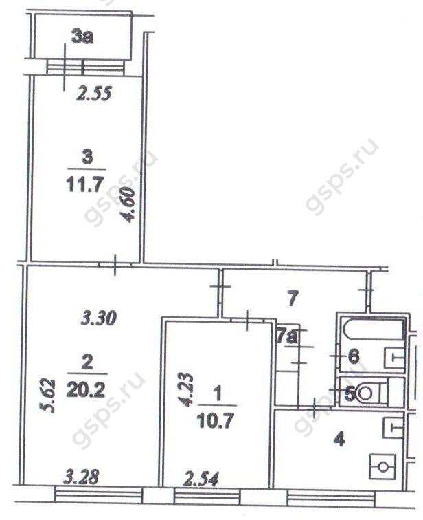 План БТИ трехкомнатной квартиры серии 1605АМ