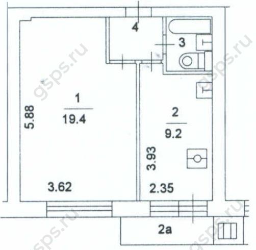 План БТИ однокомнатной квартиры серии II-18