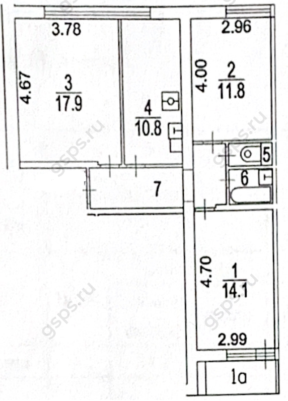 План БТИ трехкомнатной квартиры серии II-68-03