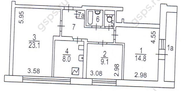 План БТИ серии II-68 трехкомнатная квартира