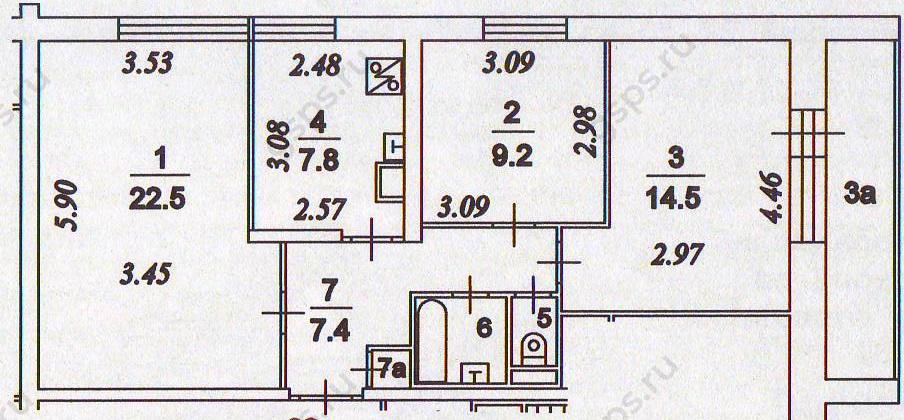 План БТИ трехкомнатной квартиры серии II-68