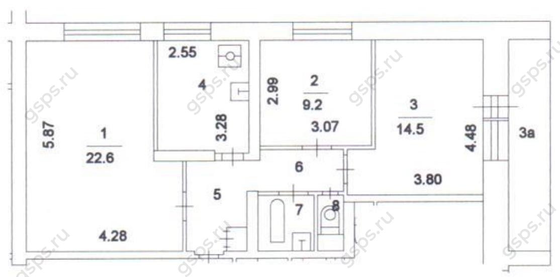 План БТИ трехкомнатной квартиры серии ii-68