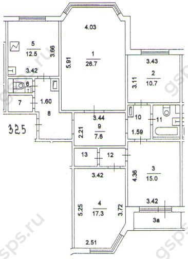 План БТИ четырехкомнатной квартиры серии П44М