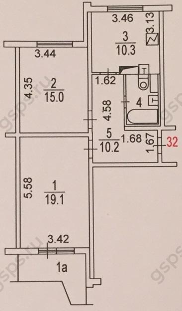 План БТИ двухкомнатной квартиры распашенки П44