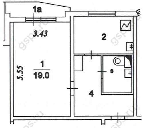 Однокомнатная квартира П44Т, план БТИ