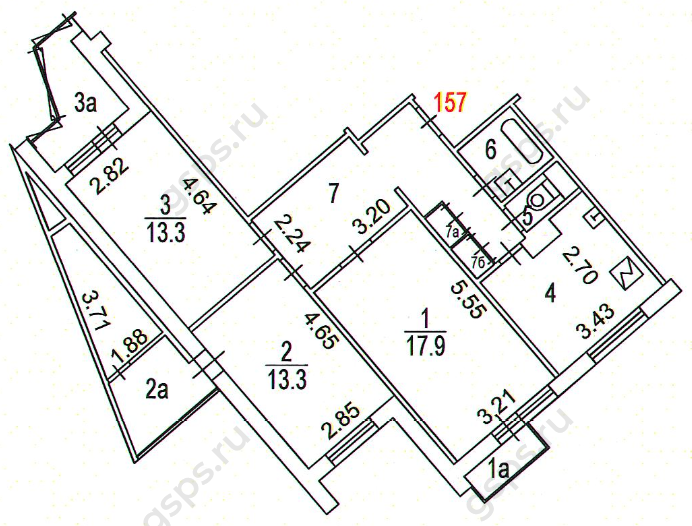План БТИ трехкомнатной квартиры серии П3