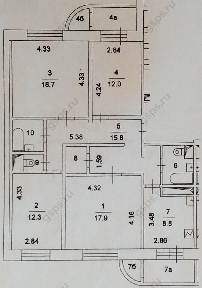 План БТИ четырехкомнатной квартиры серии С222