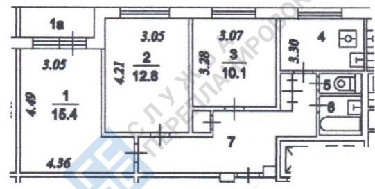 План БТИ трехкомнатной квартиры серии дома 1-515/9 с размерами