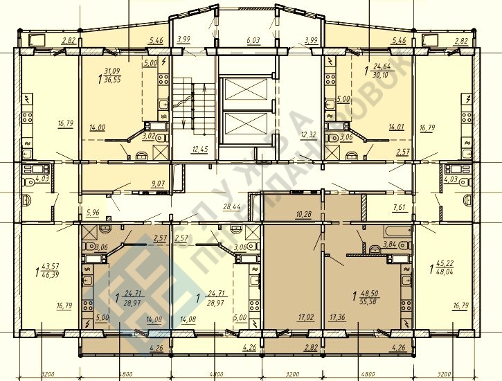 План секции этажа серии дома ЕвроПа с указанием несущих конструкций