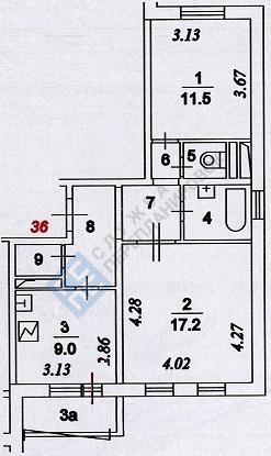 План БТИ двухкомнатной квартиры серии ГМС-1