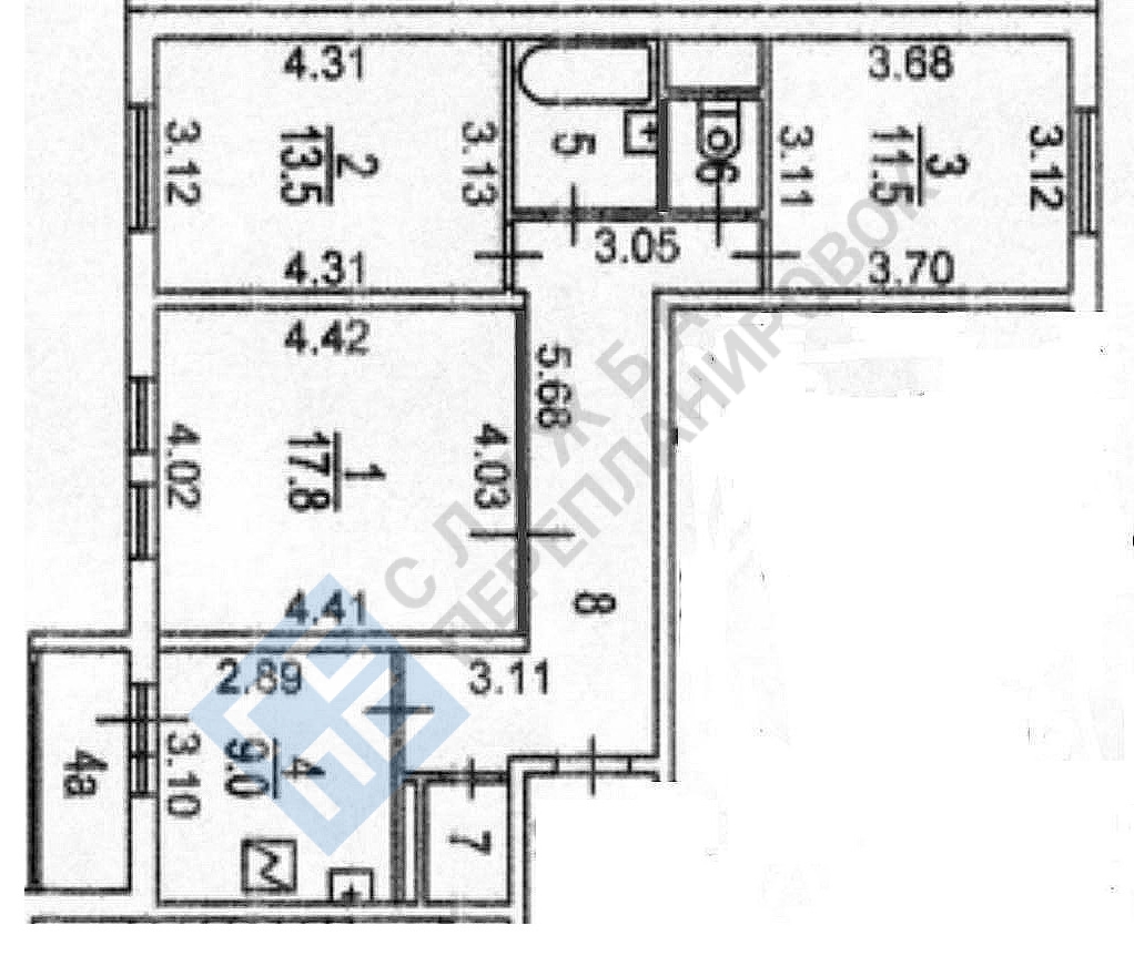 План БТИ трехкомнатной квартиры серии ГМС-1