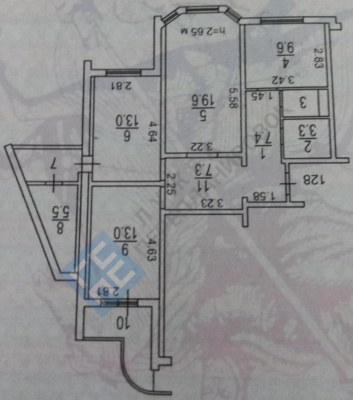 План БТИ трехкомнатной квартиры серии дома П3М с размерами