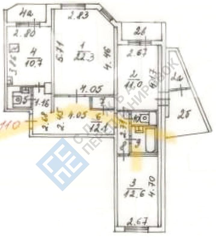 БТИ серии дома П55М план трехкомнатной квартиры