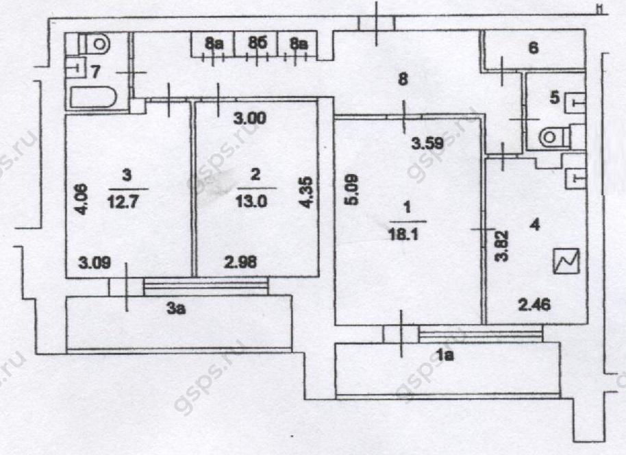 План БТИ трехкомнатной квартиры серии И700