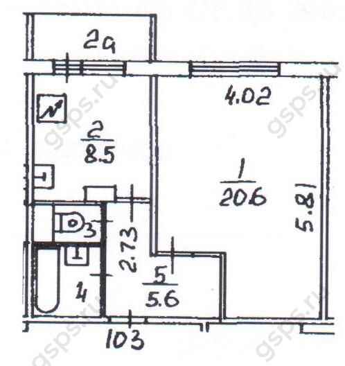 План БТИ однокомнатной квартиры серии П46М
