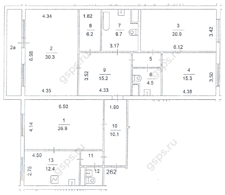 План БТИ пятикомнатной квартиры КОПЭ-87 (широкий шаг)