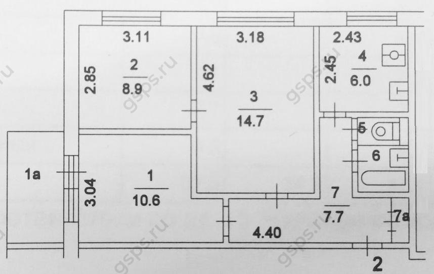 План БТИ торцевой трехкомнатной квартиры серии II-49
