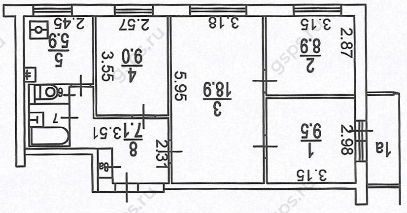 План БТИ четырехкомнатной торцевой квартиры серии II-49