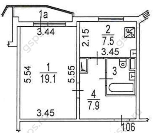 План БТИ однокомнатной квартиры серии П44