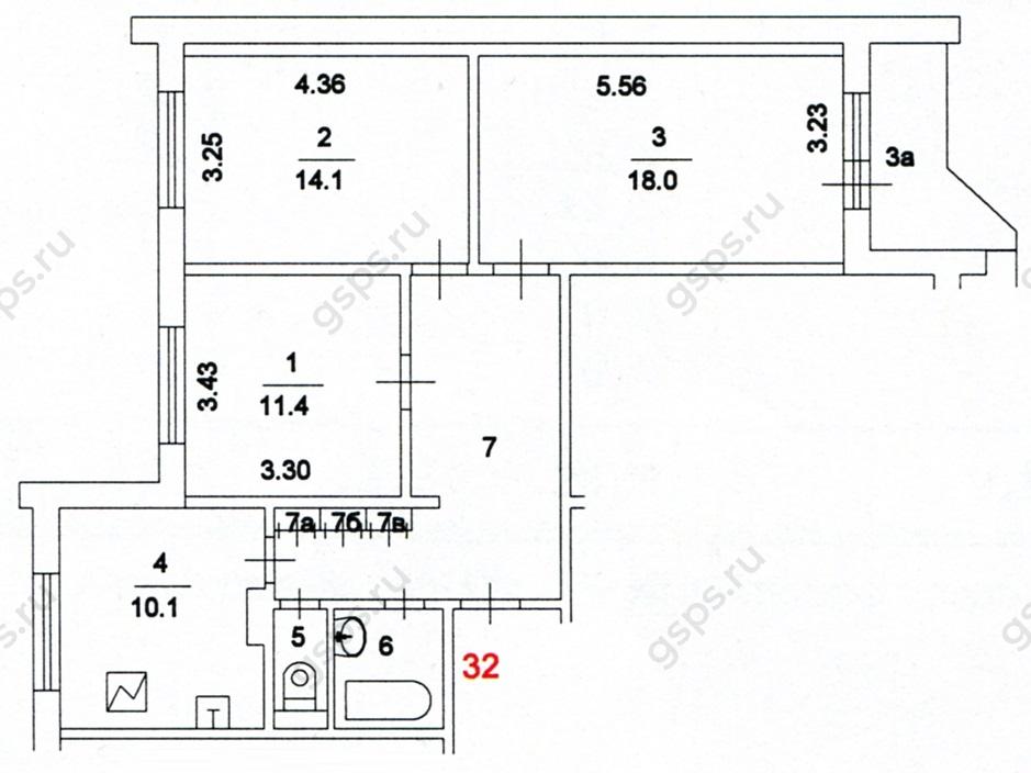 План БТИ трехкомнатной квартиры серии П44